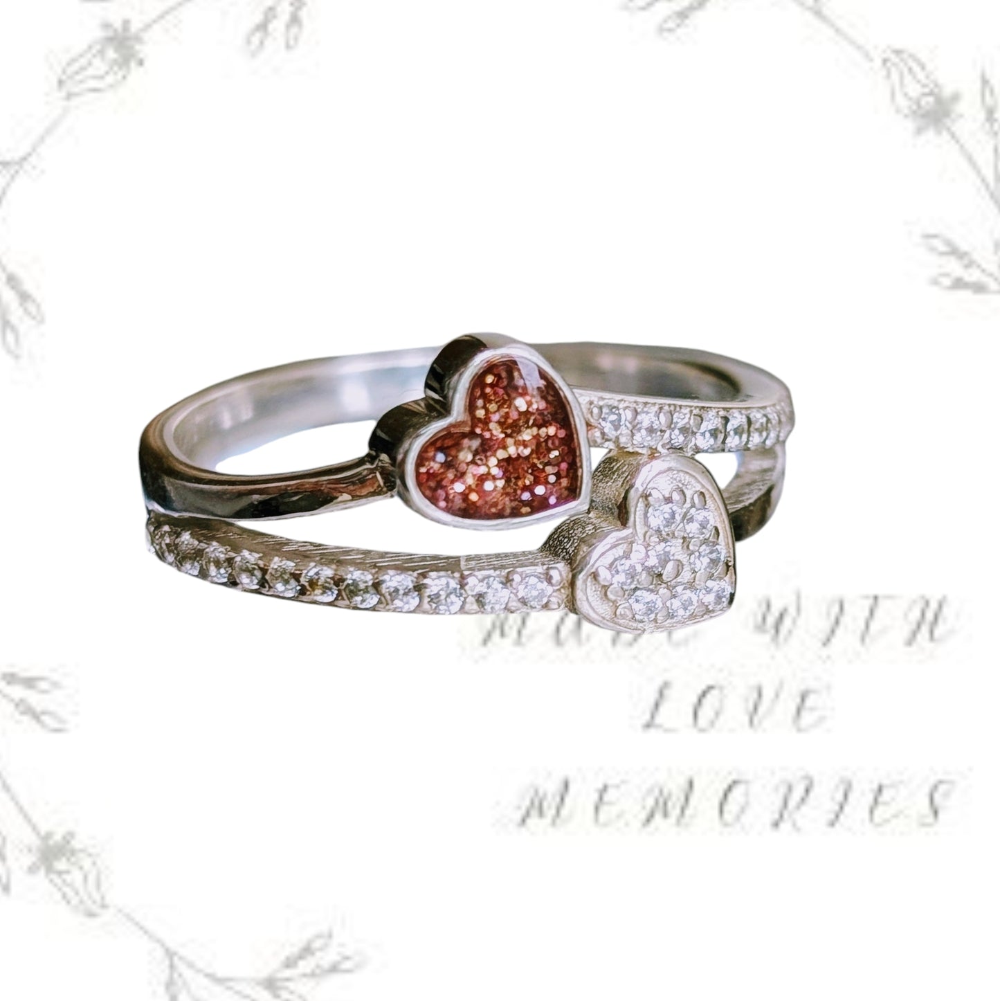 Double heart sterling silver ring with CZ stones